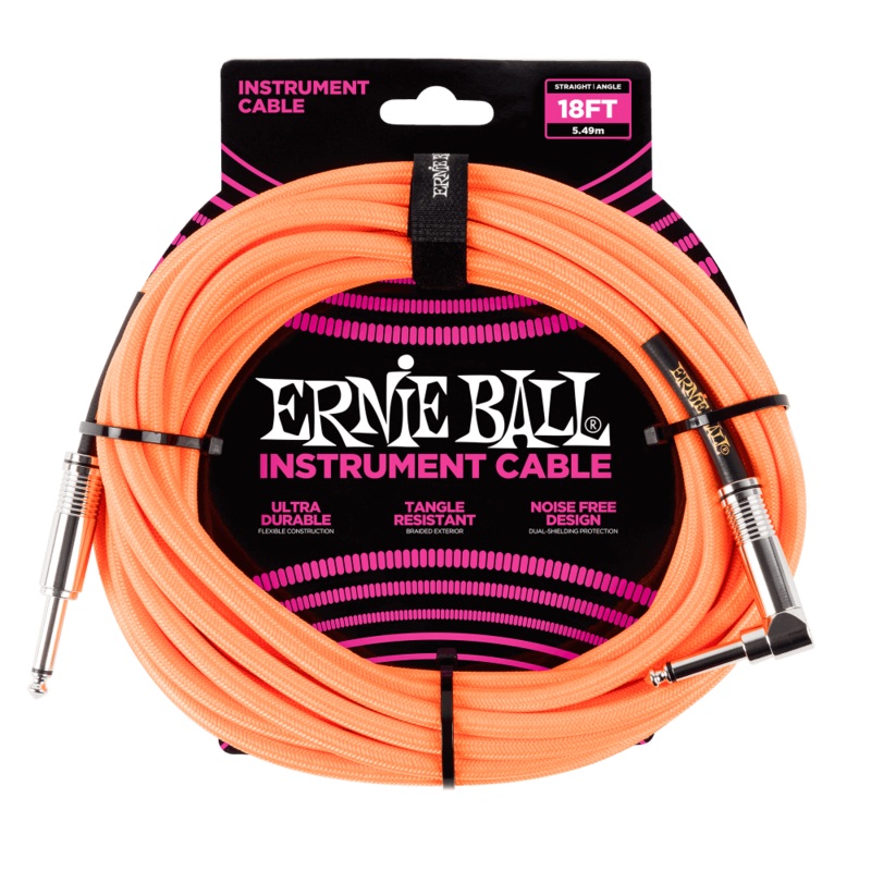 Ernie Ball 18′ Straight to Angle Braided Instrument Cable Neon Orange