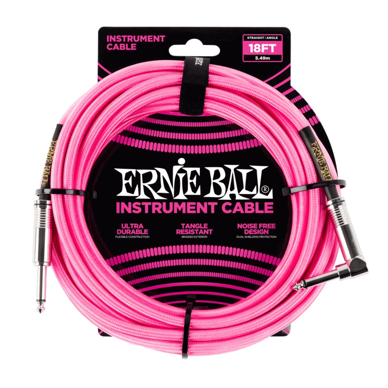 Ernie Ball 18′ Straight to Angle Braided Instrument Cable Neon Pink