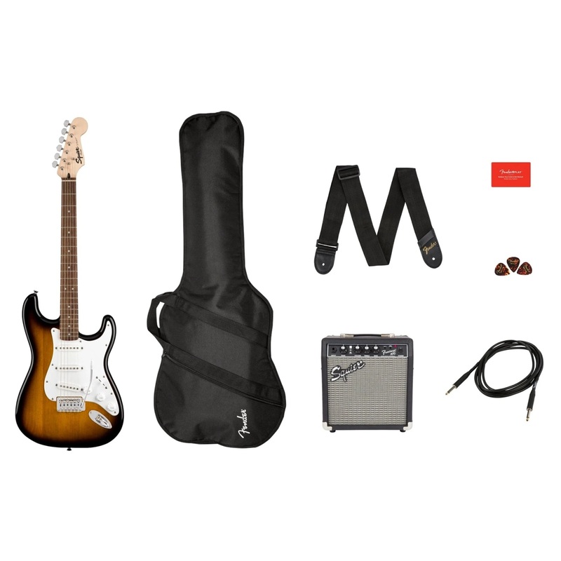 Squier Stratocaster Electric Guitar Pack – Brown Sunburst / Fender Frontman 10G Amp