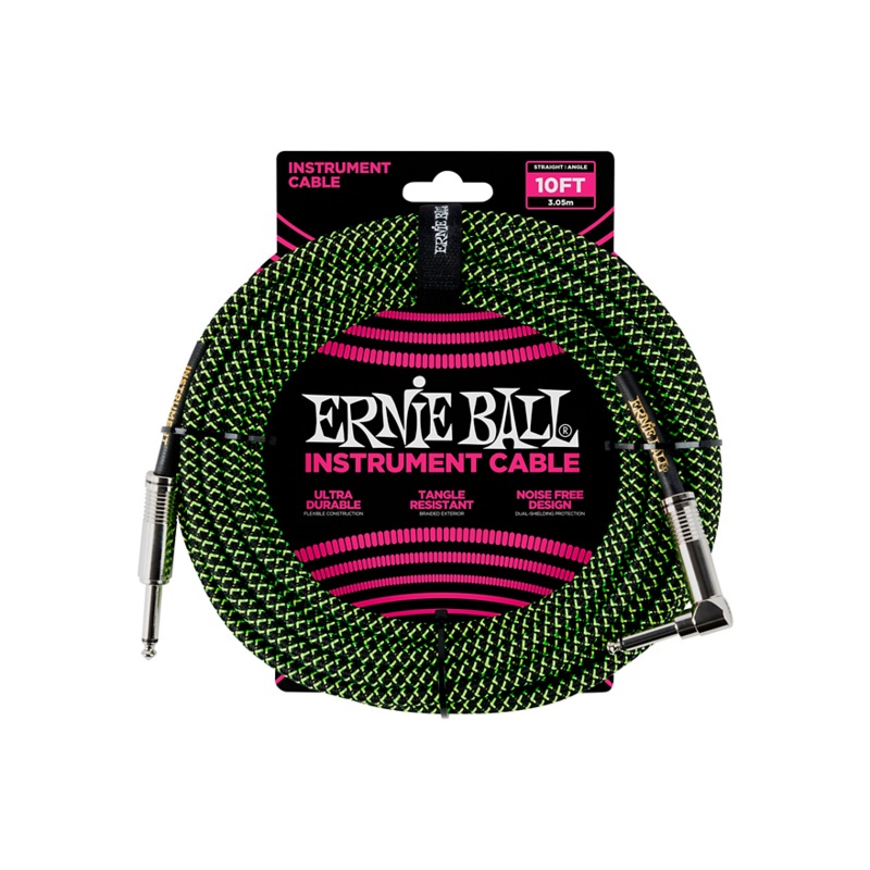 Ernie Ball 10′ Straight to Angle Braided Instrument Cable Black and Green
