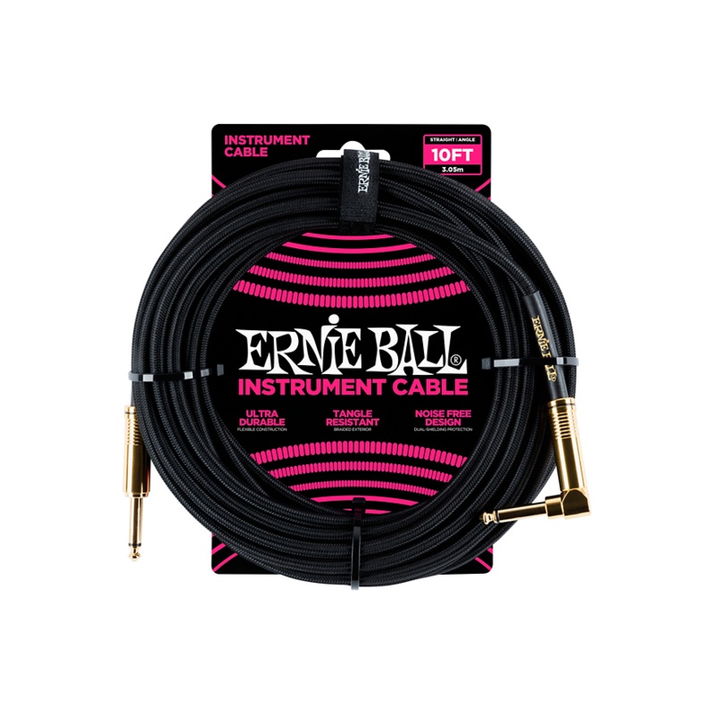 Ernie Ball 10′ Straight to Angle Braided Instrument Cable Black/Black