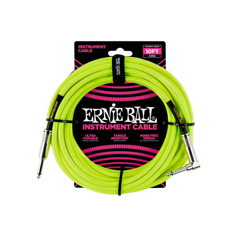 Ernie Ball 10′ Straight to Angle Braided Instrument Cable Neon Green