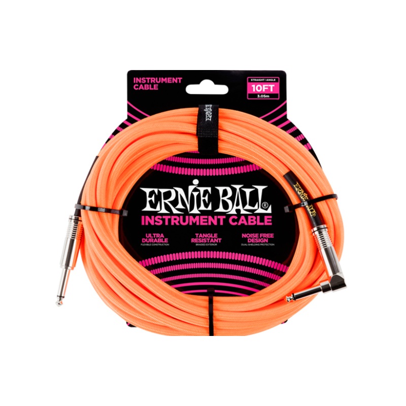 Ernie Ball 10′ Straight to Angle Braided Instrument Cable Neon Orange
