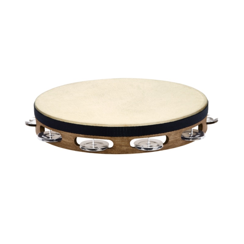 Traditional Goat-Skin Wood Tambourine, Stainless Steel Jingles, 1 Row