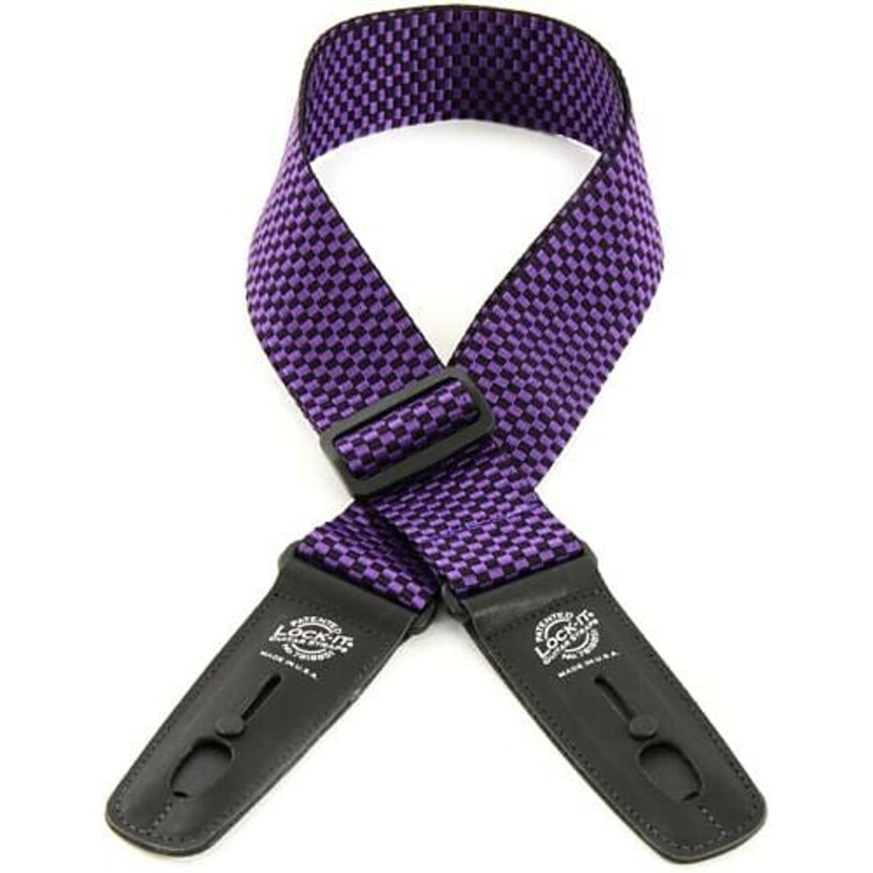 Lock-It Professional Poly Guitar Strap with Locking Leather Ends, Purple Checker