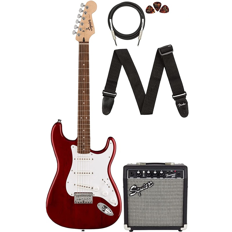 Squier by Fender Stratocaster HT Electric Guitar Bundle – Crimson Red Transparent