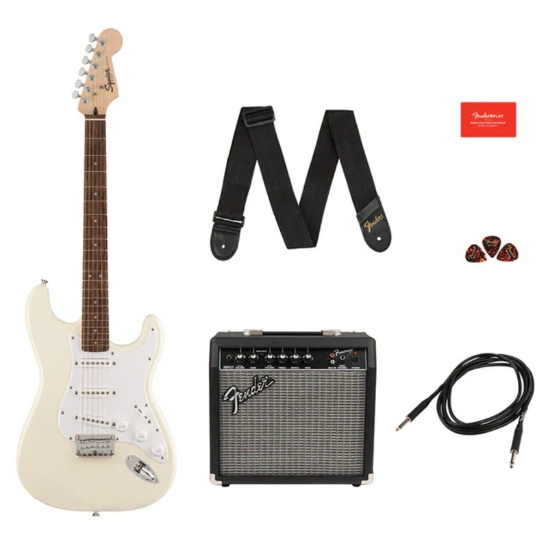 Squier by Fender Stratocaster HT Electric Guitar Bundle – Olympic White