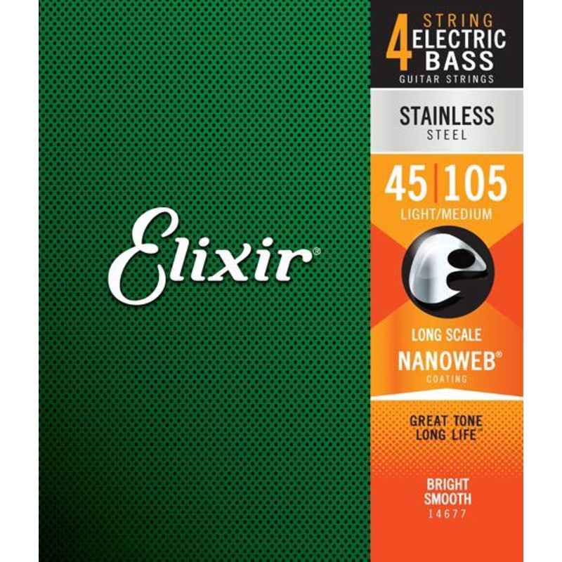 Elixir Strings 14677 Nanoweb .045-.105 Nanoweb Light/Medium Gauge Electric Bass Strings, Stainless Steel – Long Scale